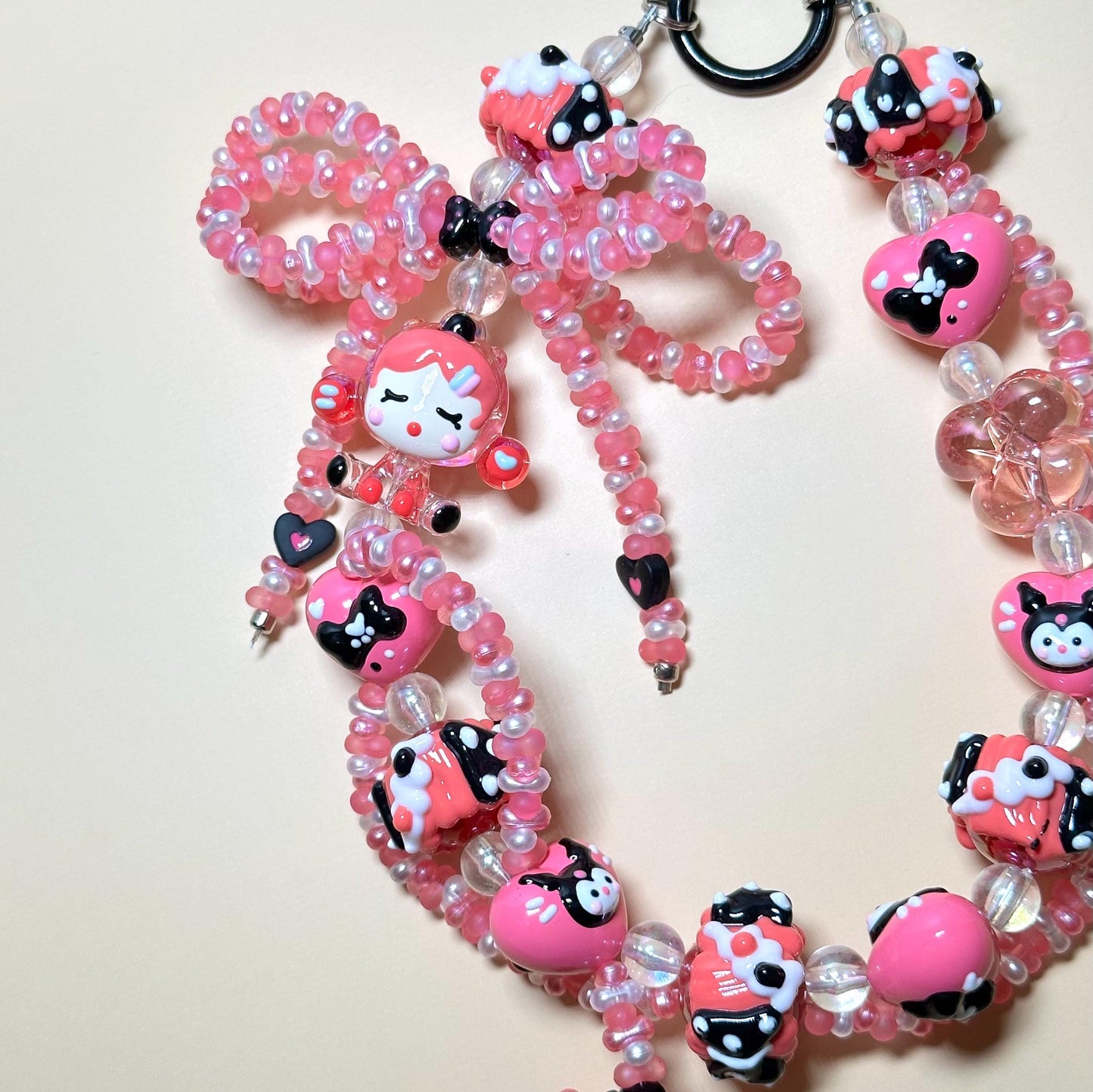 Hot pink and black Skull Panda Hand Painted Bead Phone Strap
