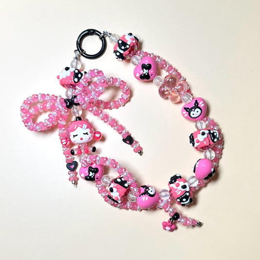 Hot pink and black Skull Panda Hand Painted Bead Phone Strap