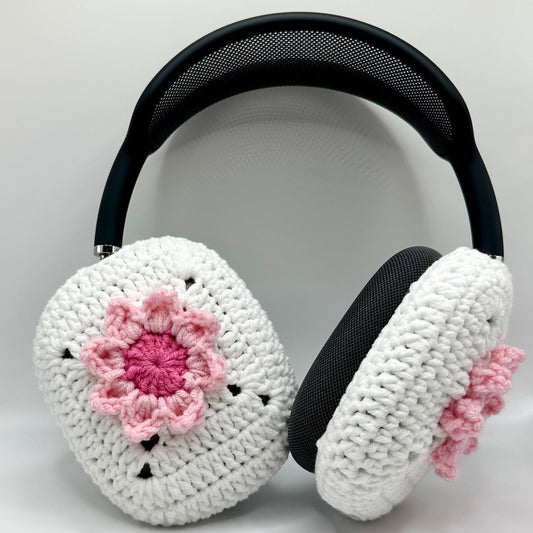 Crochet AirPod Max Cover- White with Pink Flower