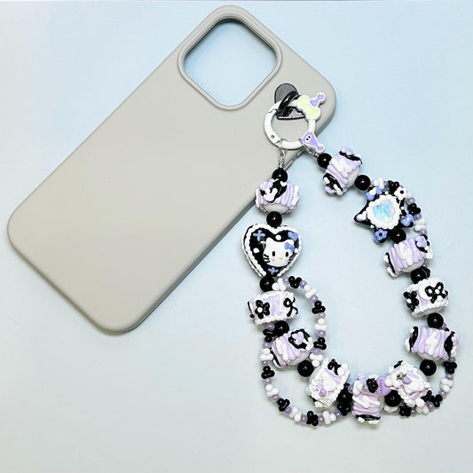 Purple and Black Hello Kitty Hand Painted Bead Keychain | Bag charm | Phone charm | Handmade Beads | Popmart Bead