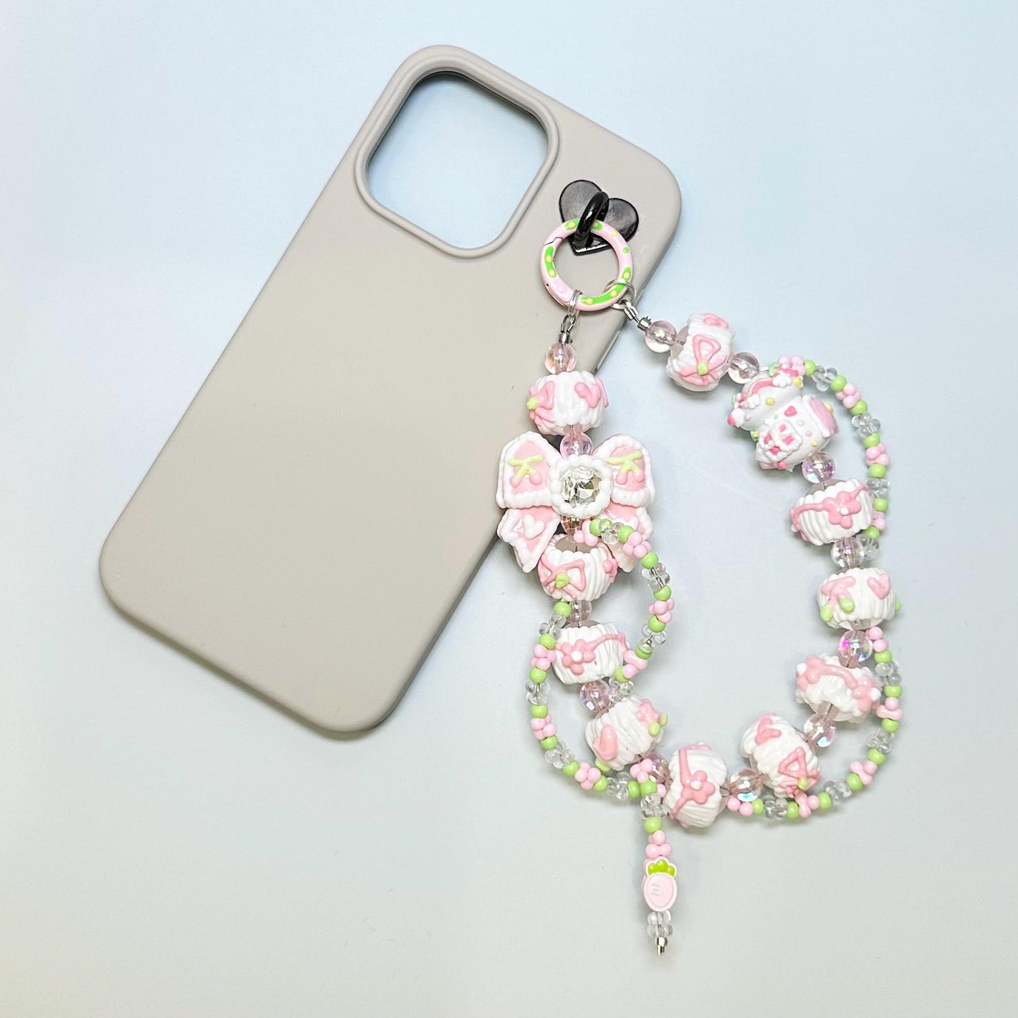 Pastel pink and green Mushroom House and Bow Hand Painted Bead Keychain | Bag charm | Phone charm | Handmade Beads | Popmart Bead
