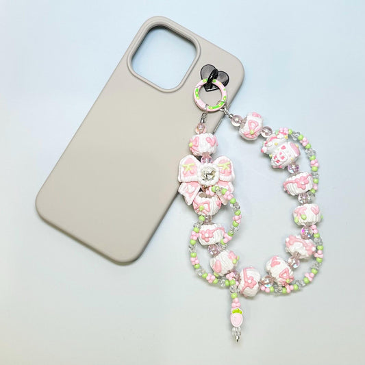 Pastel pink and green Mushroom House and Bow Hand Painted Bead Keychain | Bag charm | Phone charm | Handmade Beads | Popmart Bead