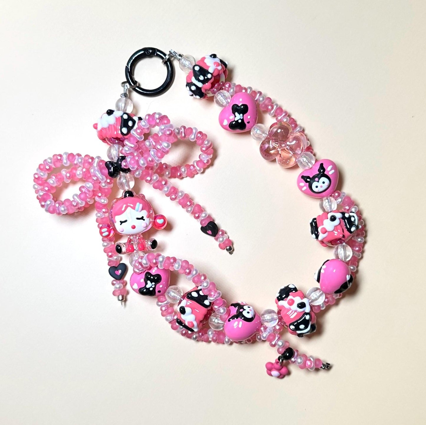 Hot pink and black Skull Panda Hand Painted Bead Phone Strap