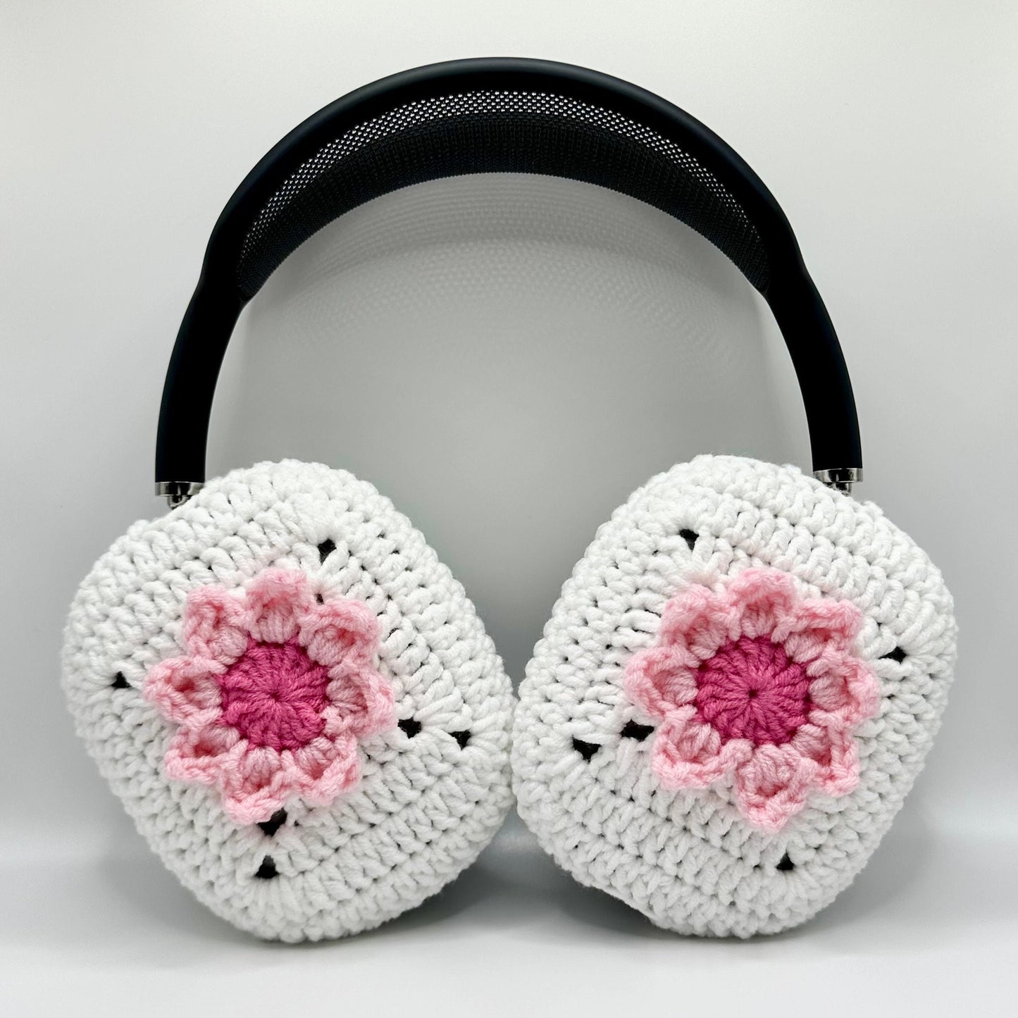 Crochet AirPod Max Cover- White with Pink Flower