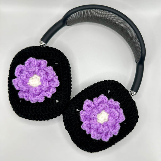 Crochet AirPod Max Cover- Black with Lavender Flower