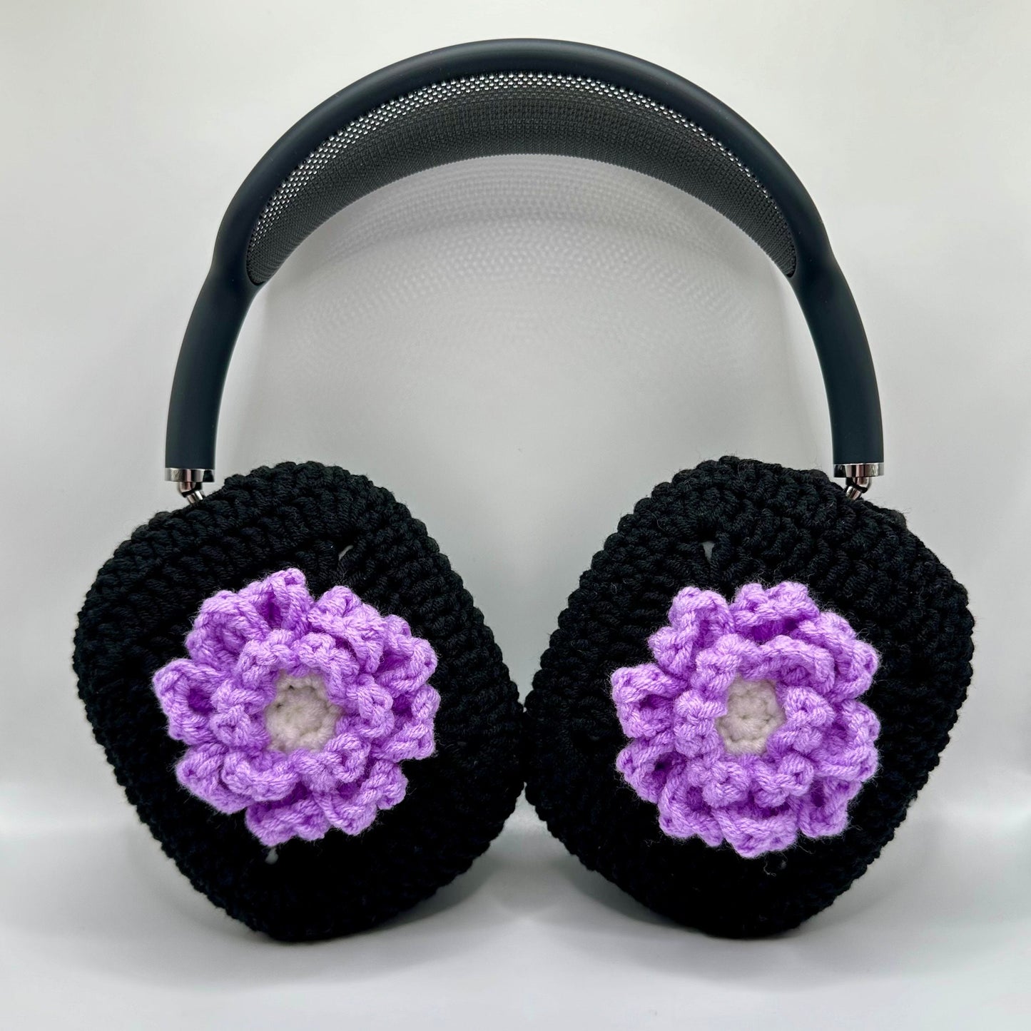 Crochet AirPod Max Cover- Black with Lavender Flower