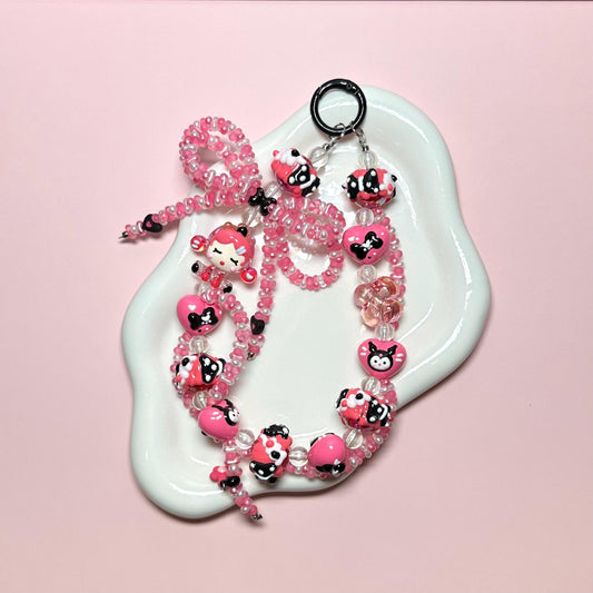 Hot pink and black Skull Panda Hand Painted Bead Phone Strap