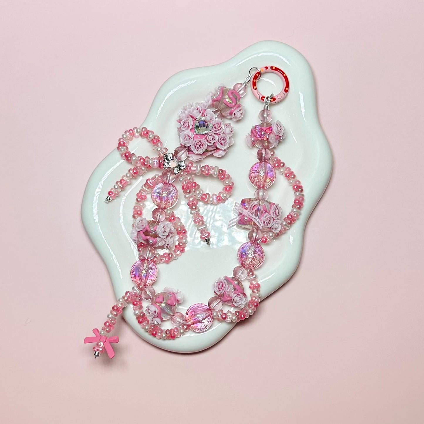 Pink fancy floral Hand Painted Bead Phone Strap