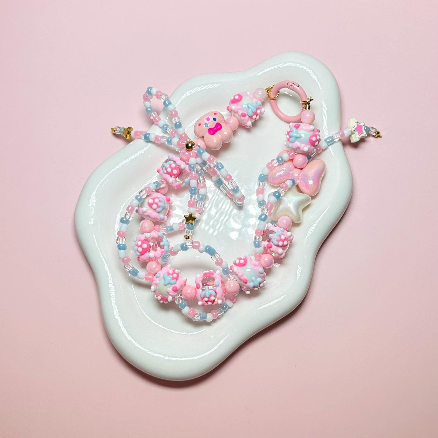 Pink and Blue Bunny Hand Painted Bead Keychain | Bag charm | Phone charm | Handmade Beads | Popmart Bead