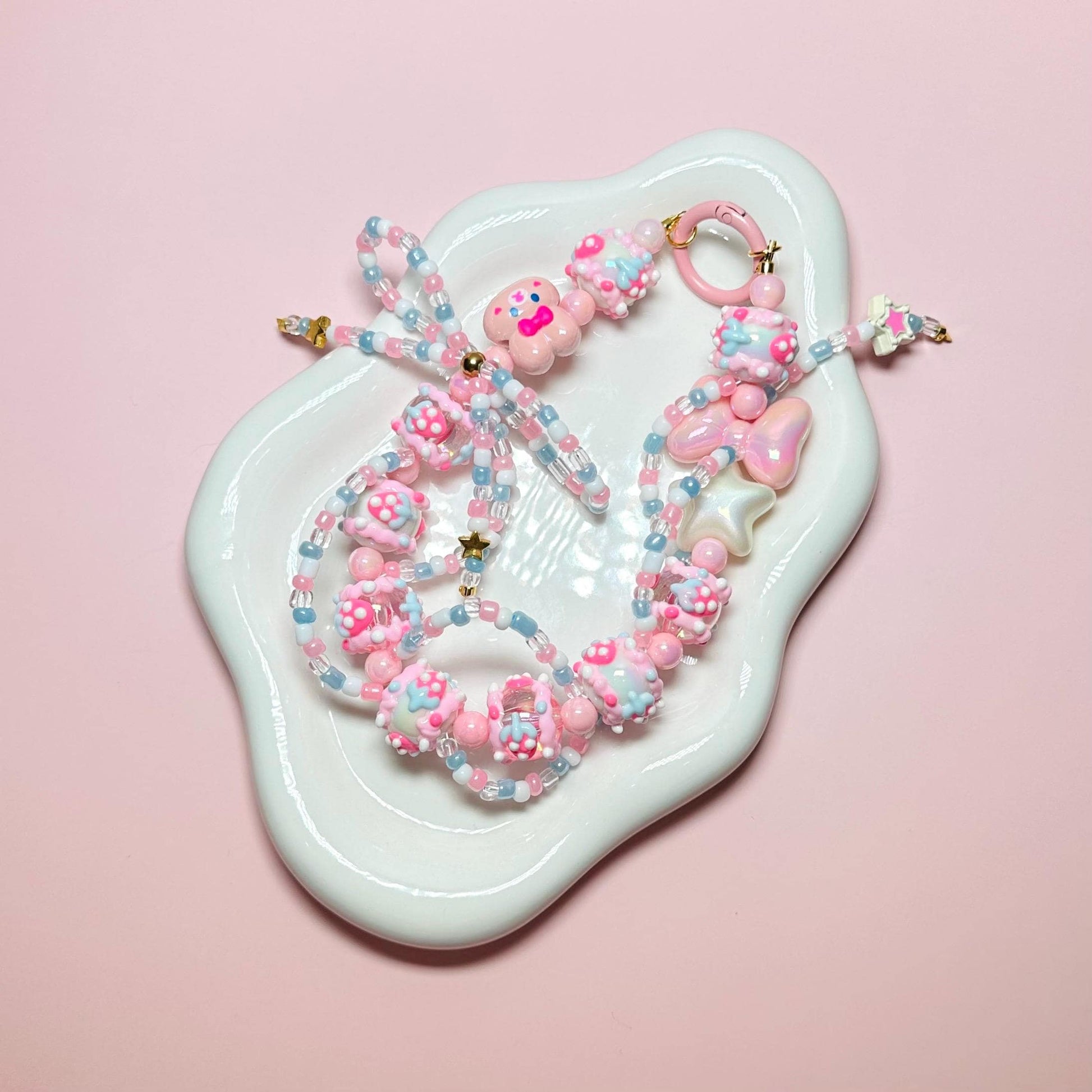 Pink and Blue Bunny Hand Painted Bead Keychain | Bag charm | Phone charm | Handmade Beads | Popmart Bead