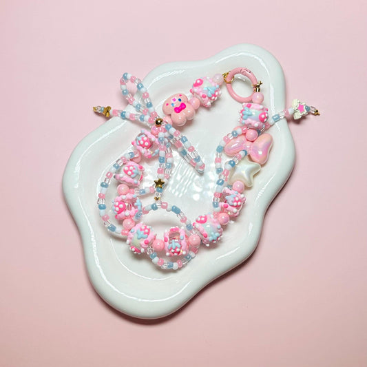 Pink and Blue Bunny Hand Painted Bead Keychain | Bag charm | Phone charm | Handmade Beads | Popmart Bead