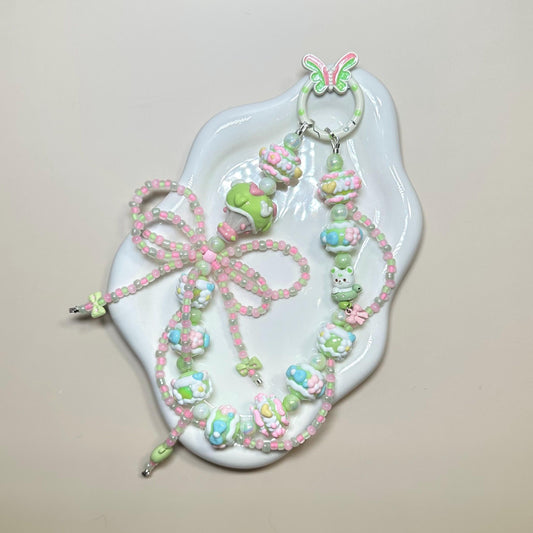 Pink and Green Hand Painted Bead Keychain | Bag charm | Phone charm | Handmade Beads | Popmart Bead