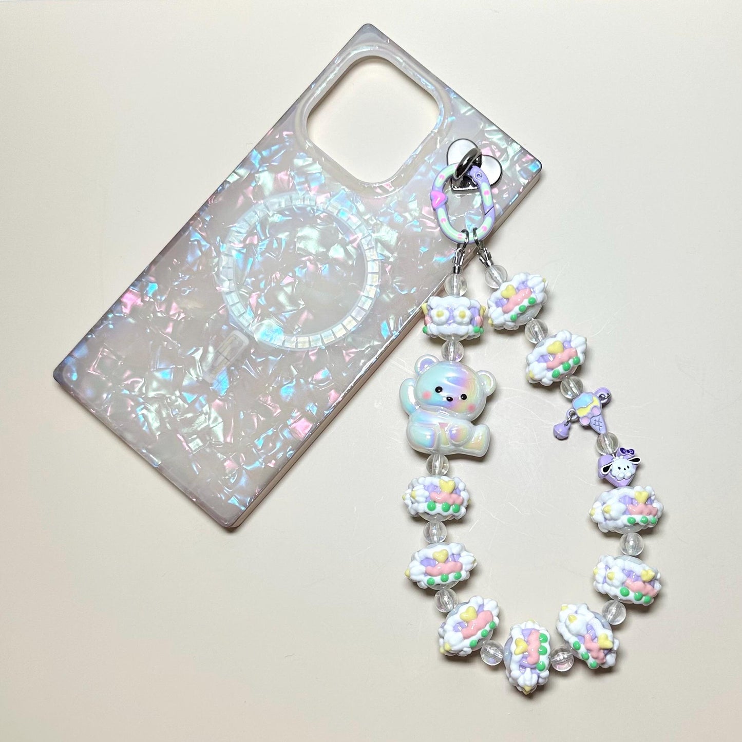 White bear and pastel Hand Painted Bead Keychain | Bag charm | Phone charm | Handmade Beads | Popmart Bead | Sanrio Beads