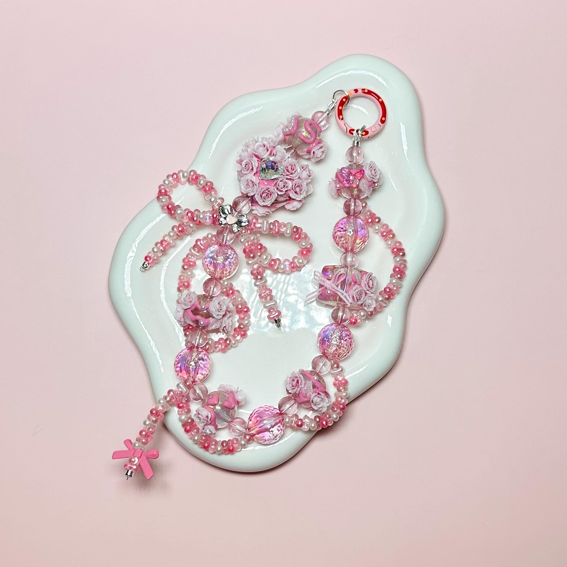 Pink fancy floral Hand Painted Bead Keychain | Bag charm | Phone charm | Handmade Beads | Popmart Bead