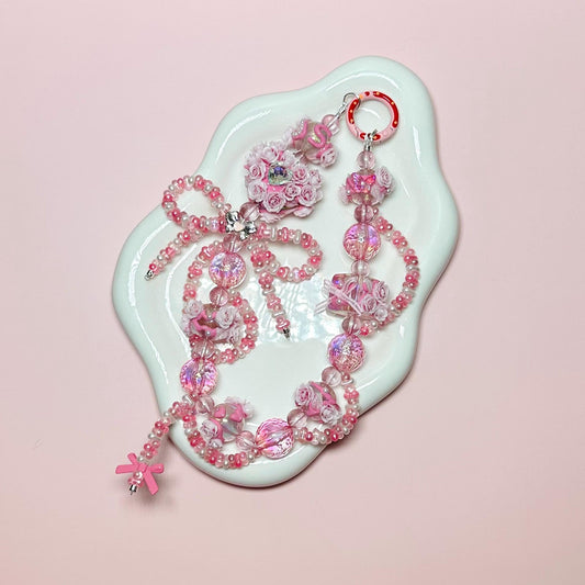 Pink fancy floral Hand Painted Bead Keychain | Bag charm | Phone charm | Handmade Beads | Popmart Bead