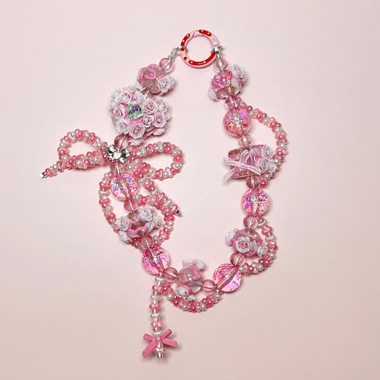 Pink fancy floral Hand Painted Bead Keychain | Bag charm | Phone charm | Handmade Beads | Popmart Bead