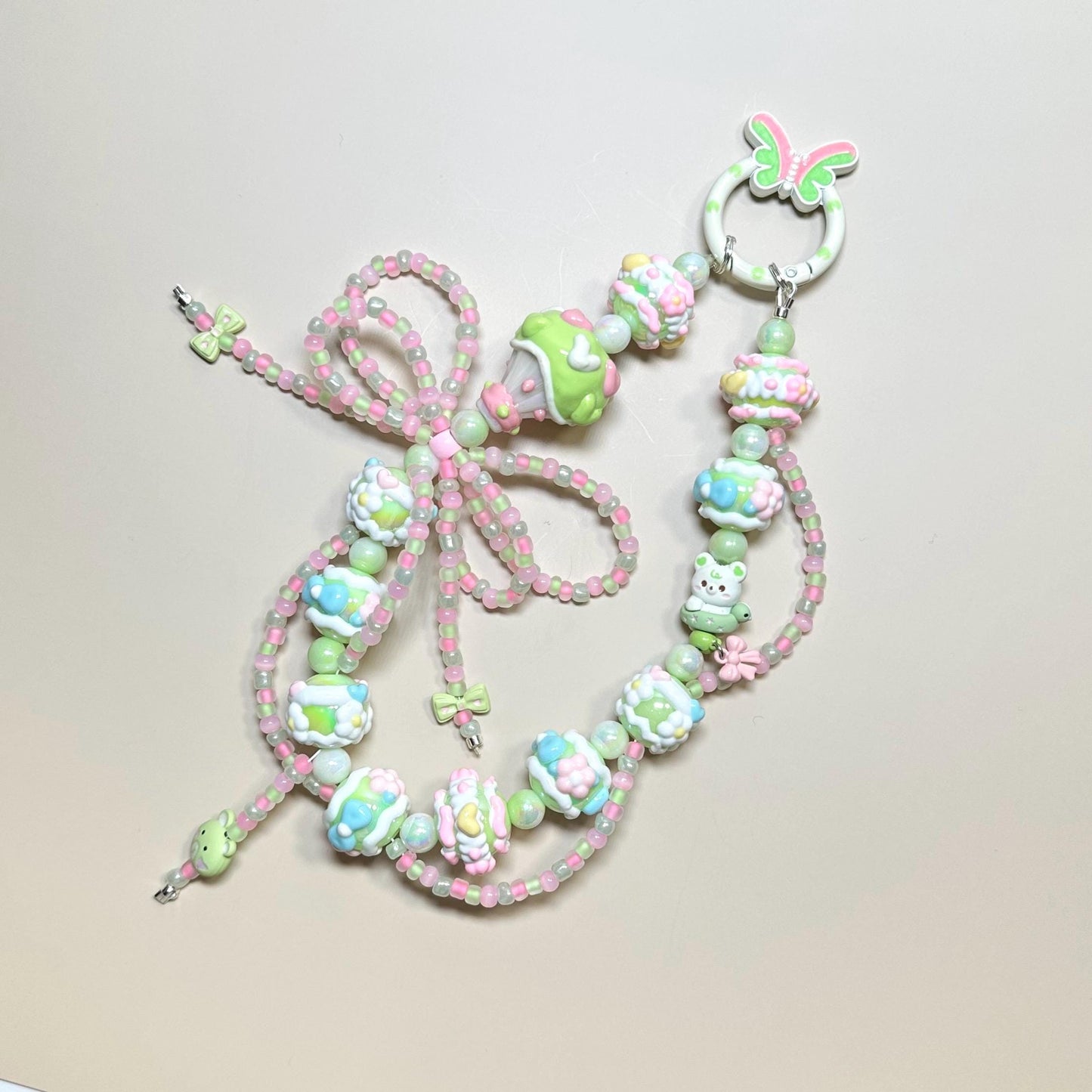 Pink and Green Hand Painted Bead Keychain | Bag charm | Phone charm | Handmade Beads | Popmart Bead