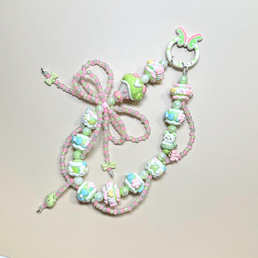 Pink and Green Hand Painted Bead Keychain | Bag charm | Phone charm | Handmade Beads | Popmart Bead