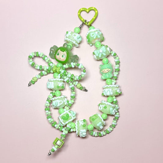 Bright green Sugar Bean Hand Painted Bead Keychain | Bag charm | Phone charm | Handmade Beads | Popmart Bead