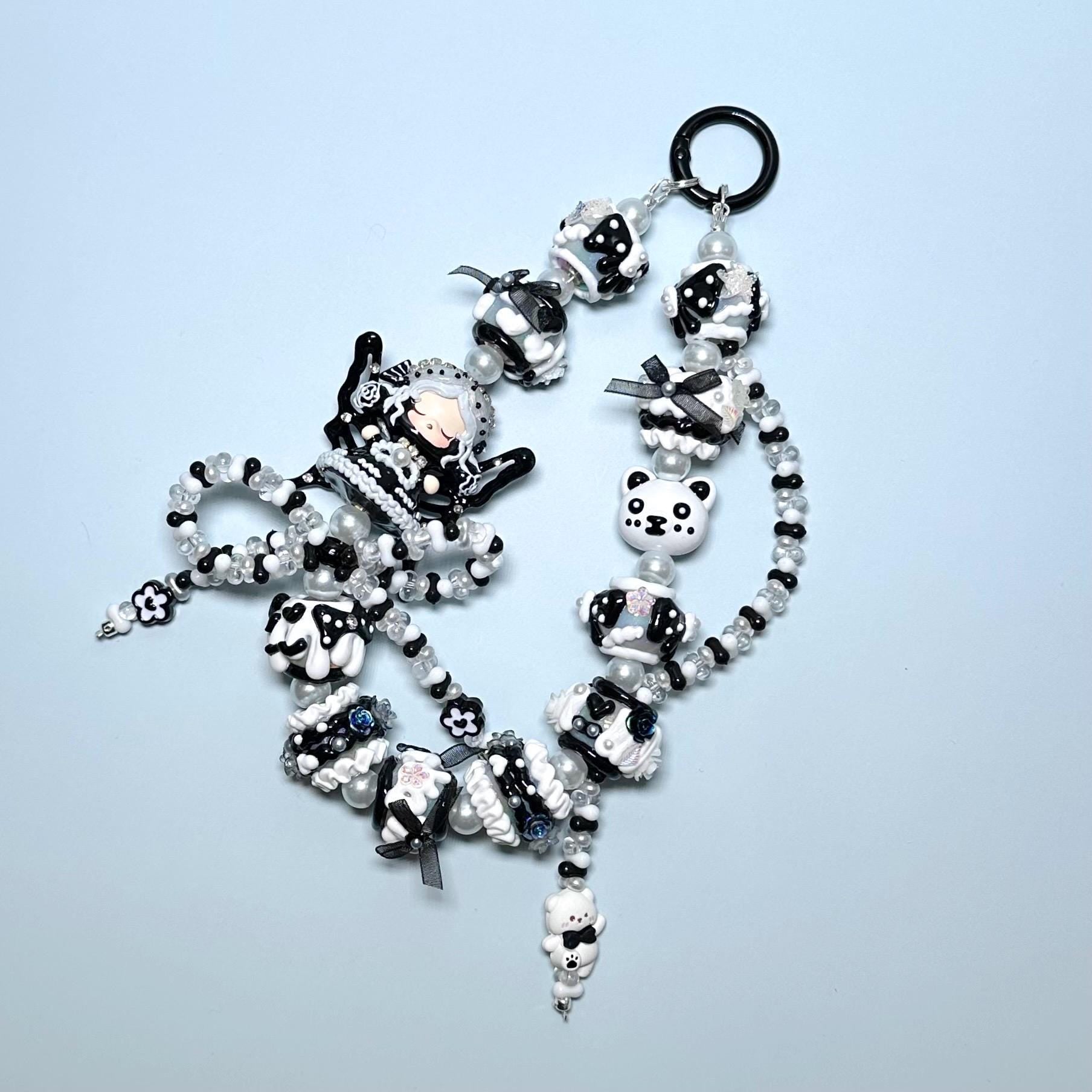 Black and White SkullPanda inspired Hand Painted Phone Strap | Bag Charm