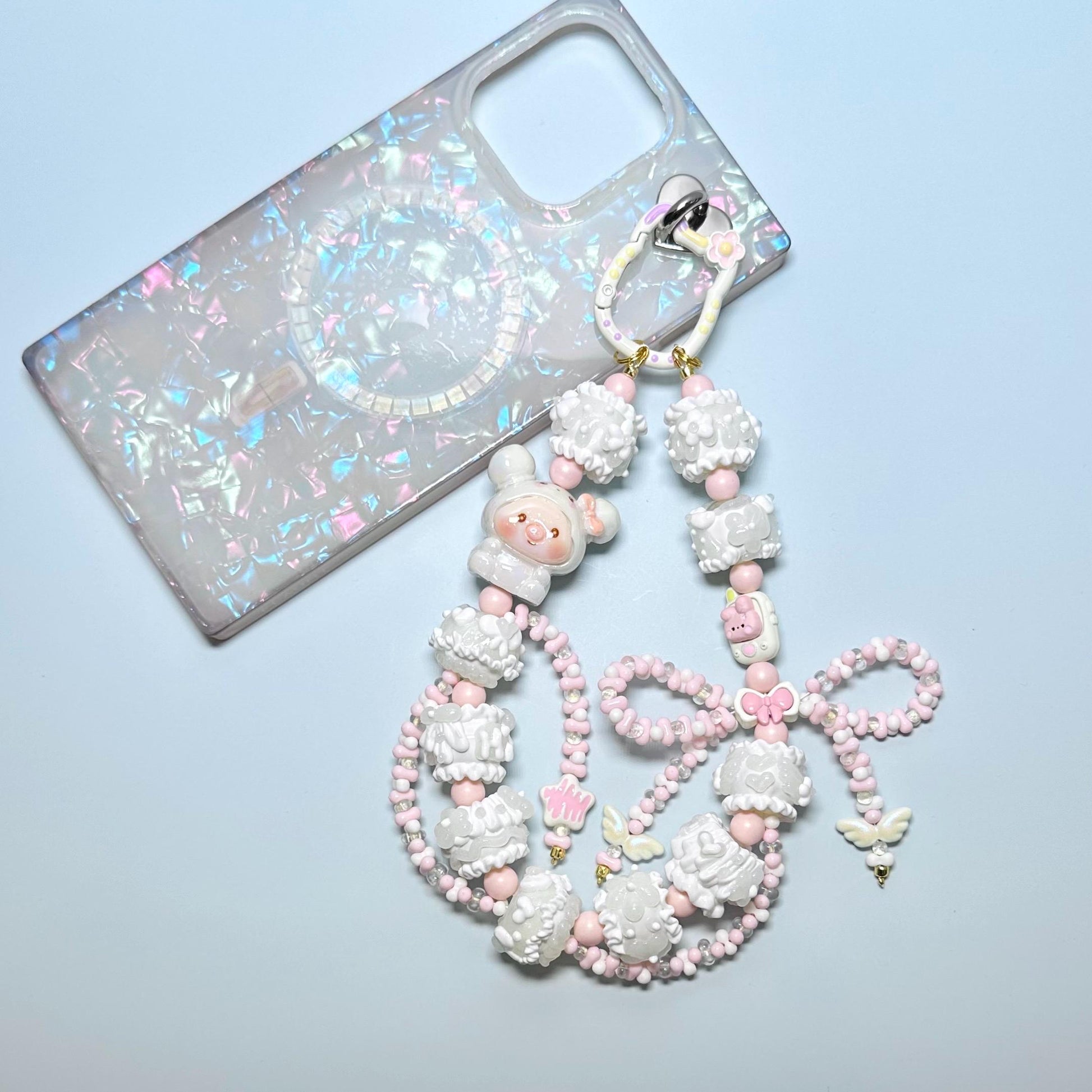 White and Pink Piggy Hand Painted Phone Strap | Purse Chain
