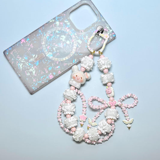 White and Pink Piggy Hand Painted Phone Strap | Purse Chain