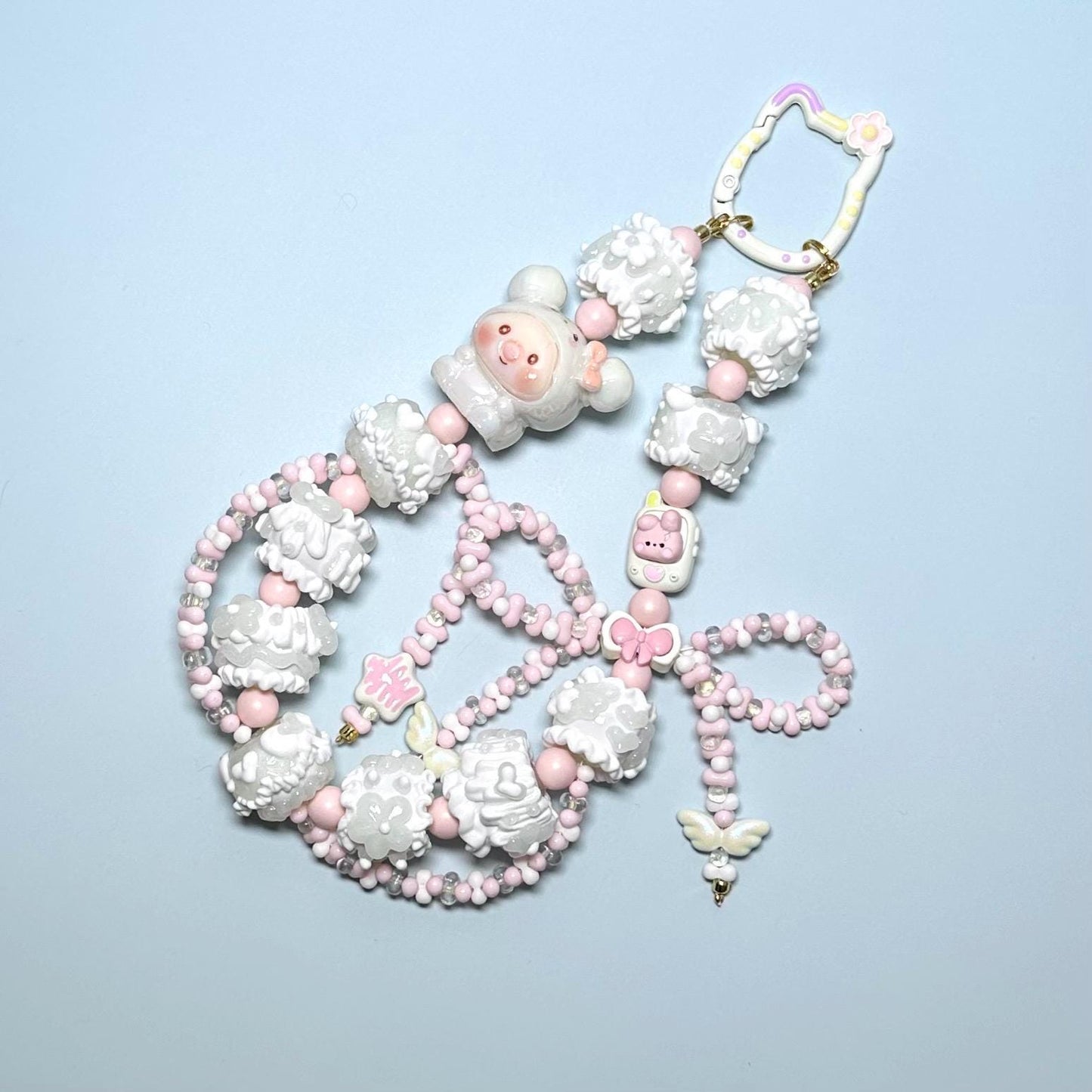 White and Pink Piggy Hand Painted Phone Strap | Purse Chain