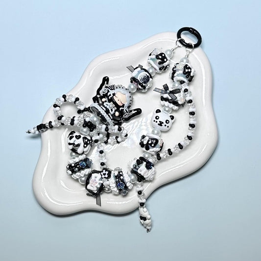 Black and White SkullPanda inspired Hand Painted Phone Strap | Bag Charm