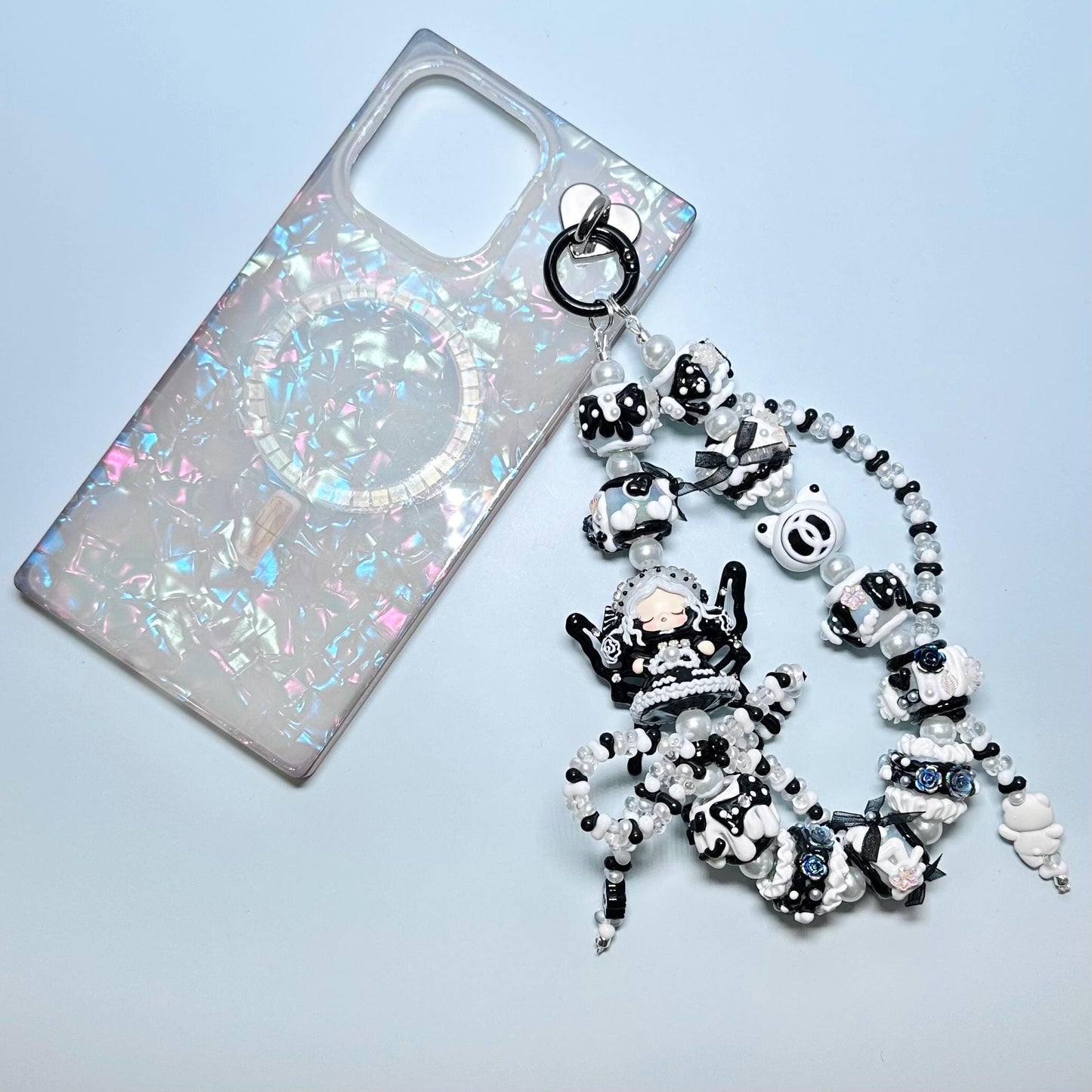 Black and White SkullPanda inspired Hand Painted Phone Strap | Bag Charm
