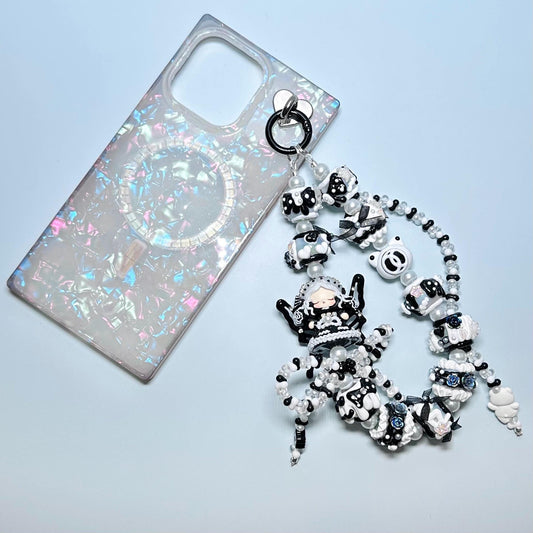 Black and White SkullPanda inspired Hand Painted Phone Strap | Bag Charm