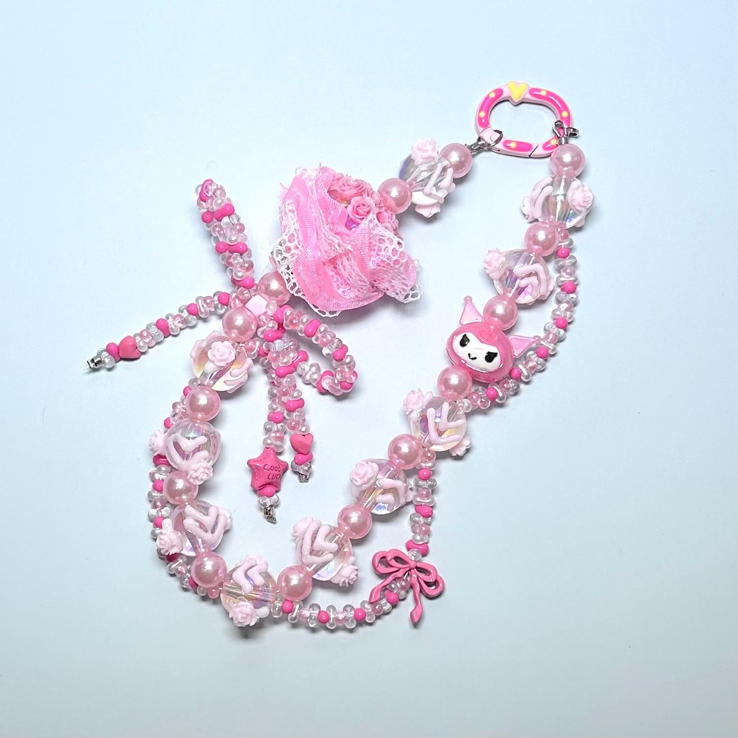 Pink Flower Bouquet Kuromi inspired Phone Strap | Bag Charm