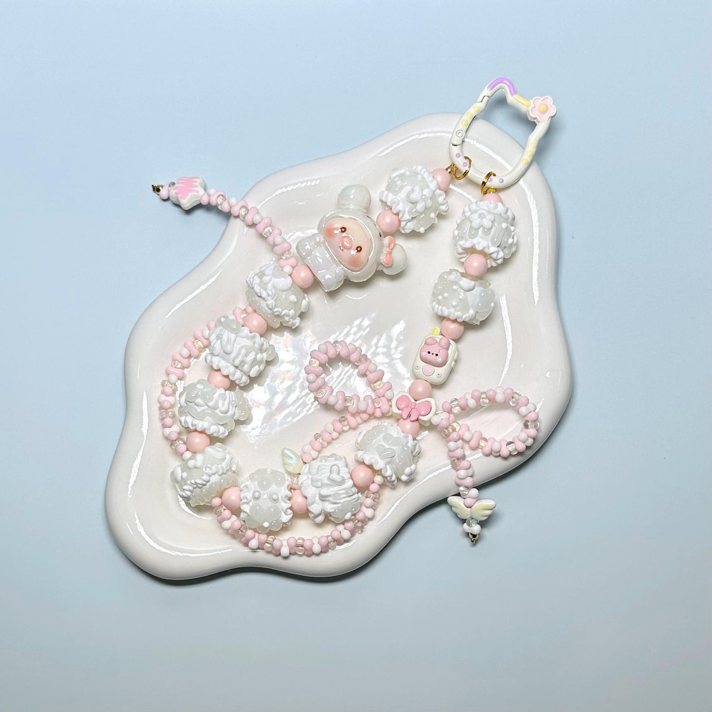 White and Pink Piggy Hand Painted Phone Strap | Purse Chain