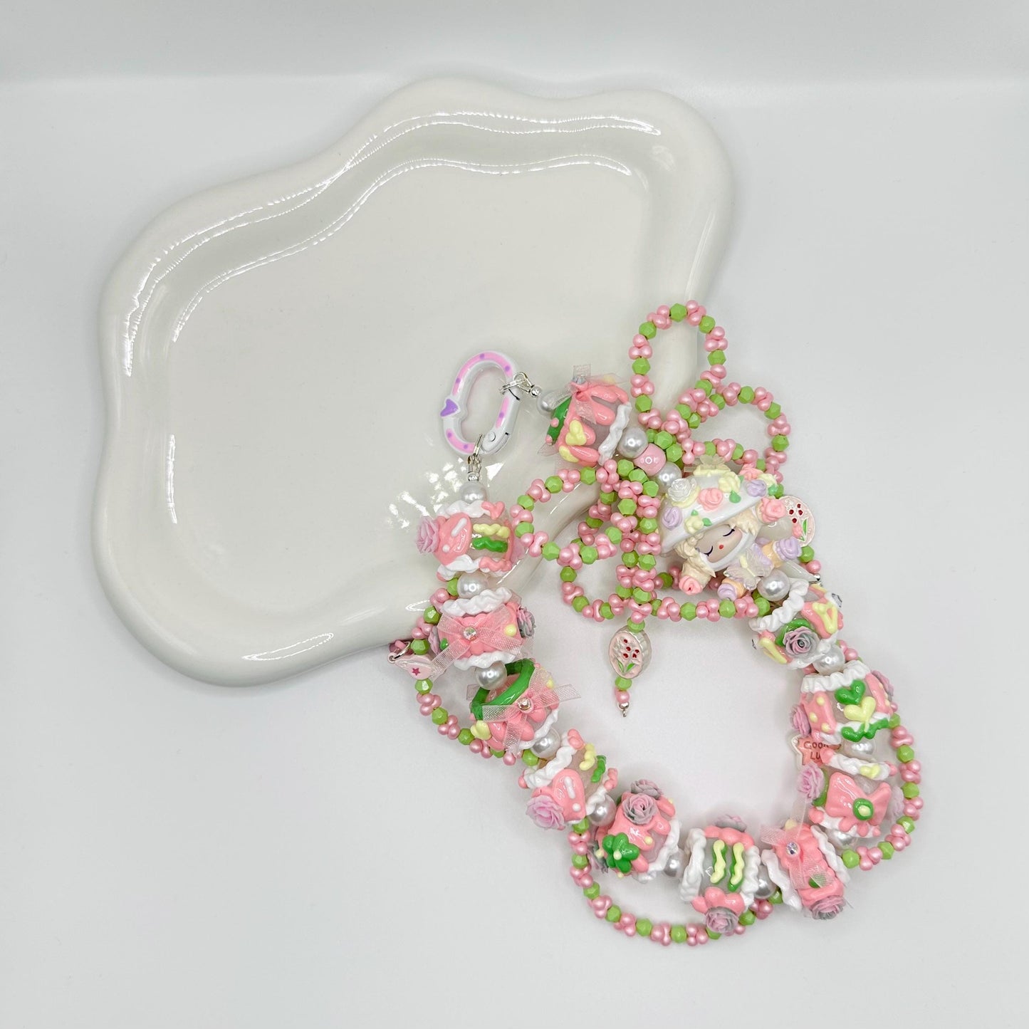 Pink and Green Skullpanda inspired Hand Painted Bead Phone Strap | Bag Charm