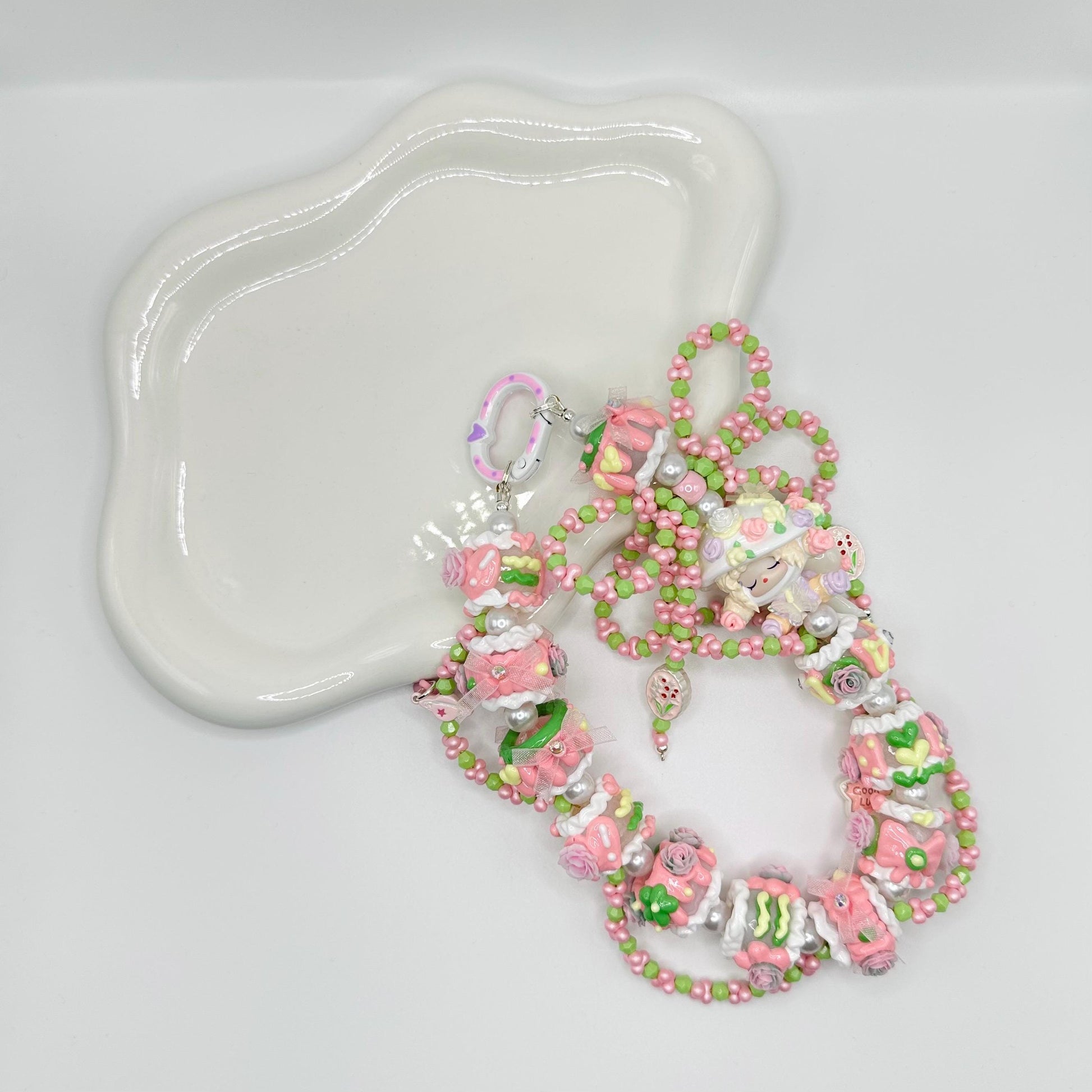Pink and Green Skullpanda inspired Hand Painted Bead Phone Strap | Bag Charm