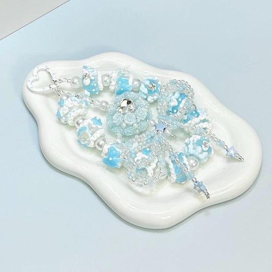 Light Blue and White Flower Heart Hand Painted Bead Keychain | Bag charm | Phone charm | Handmade Beads | Popmart Bead