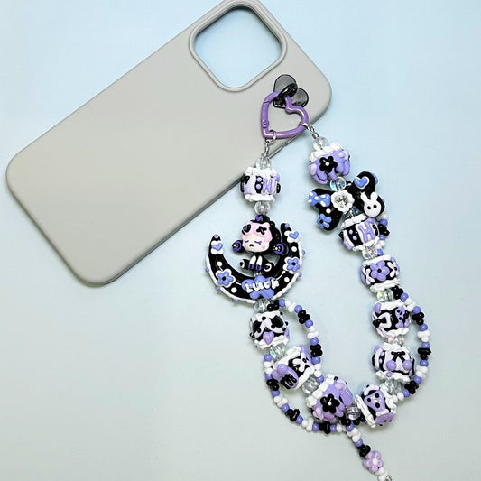 Purple and black SkullPanda inspired Hand Painted Phone Strap | Bag Charm
