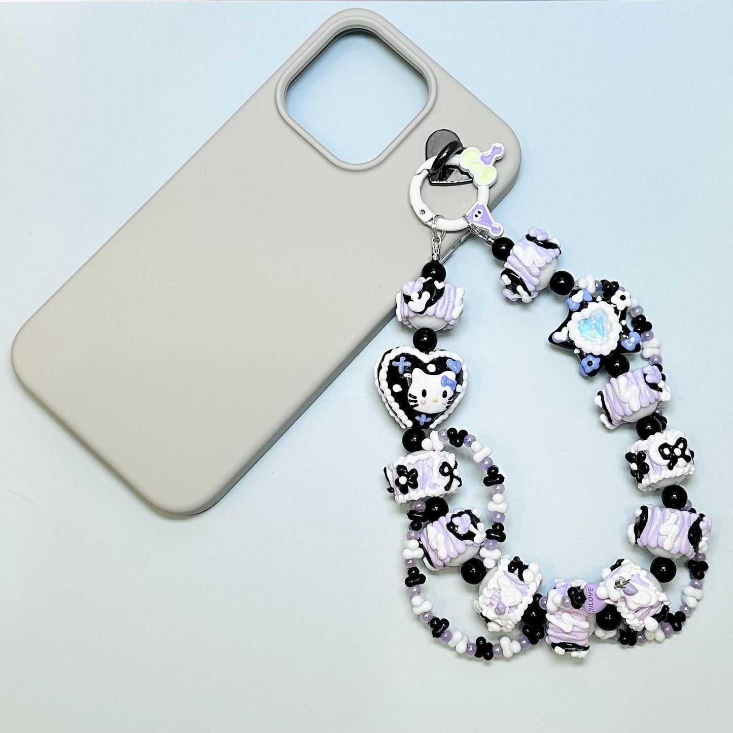 Purple and Black Hello Kitty Hand Painted Bead Keychain | Bag charm | Phone charm | Handmade Beads | Popmart Bead