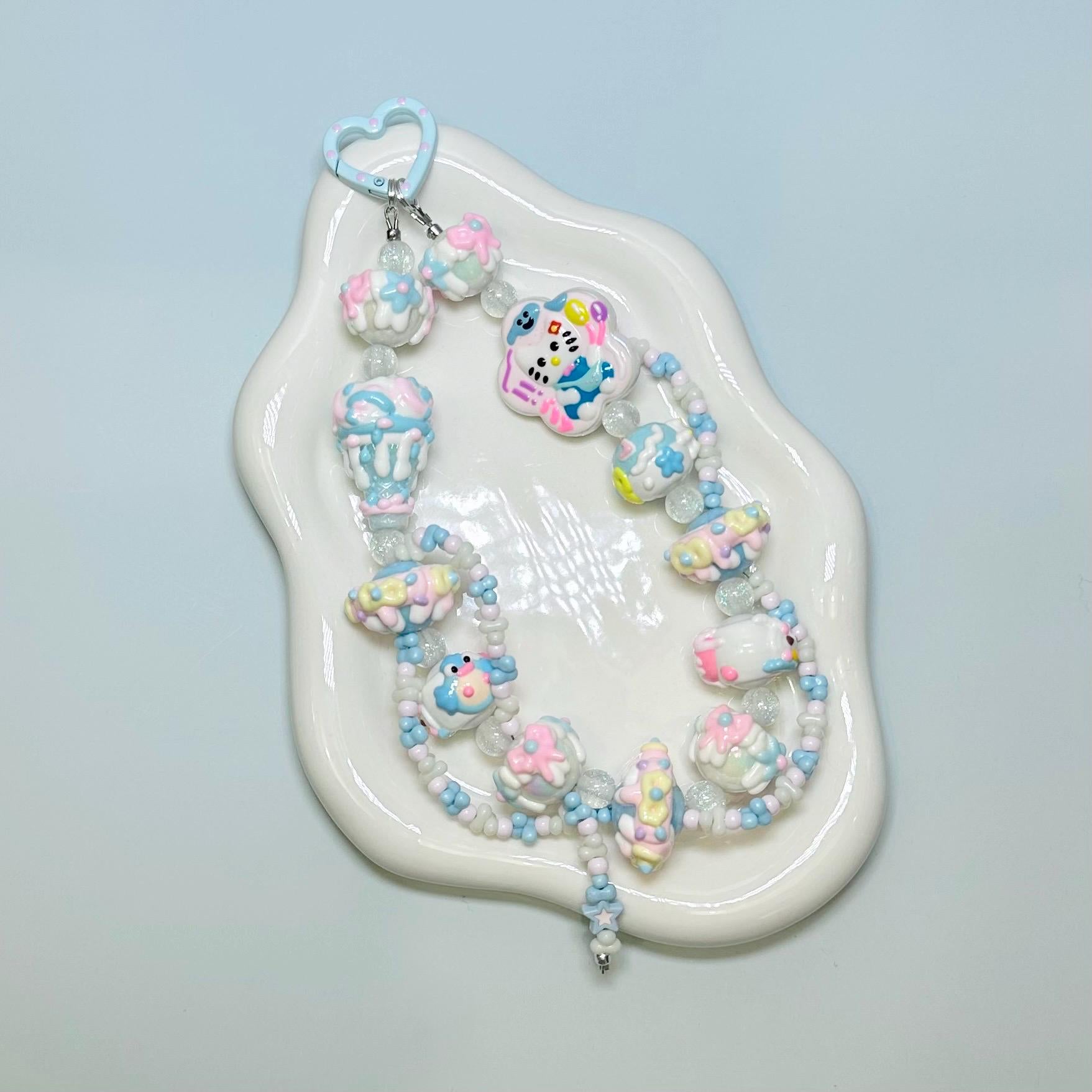 Blue and White Hello Kitty Hand Painted Bead Keychain | Bag charm | Phone charm | Handmade Beads | Popmart Bead