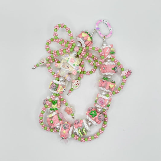 Pink and Green Skullpanda inspired Hand Painted Bead Phone Strap | Bag Charm