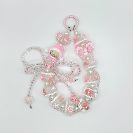 Pink and White Labubu Hand Painted Phone Strap | Bag Charm