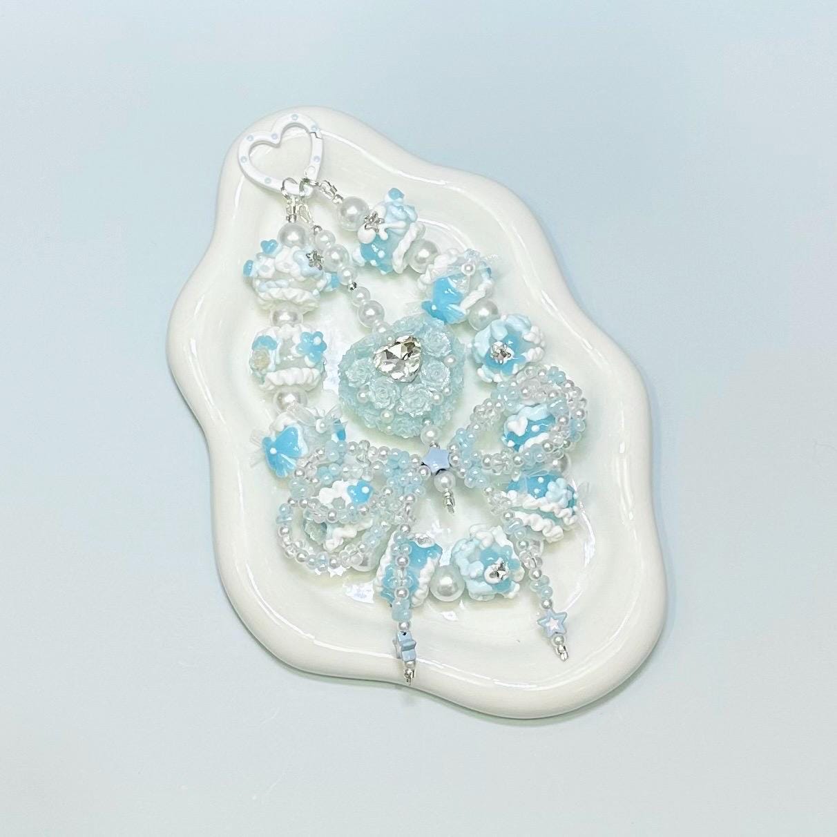 Light Blue and White Flower Heart Hand Painted Bead Keychain | Bag charm | Phone charm | Handmade Beads | Popmart Bead