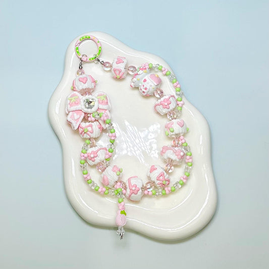 Pastel pink and green Mushroom House and Bow Hand Painted Bead Keychain | Bag charm | Phone charm | Handmade Beads | Popmart Bead