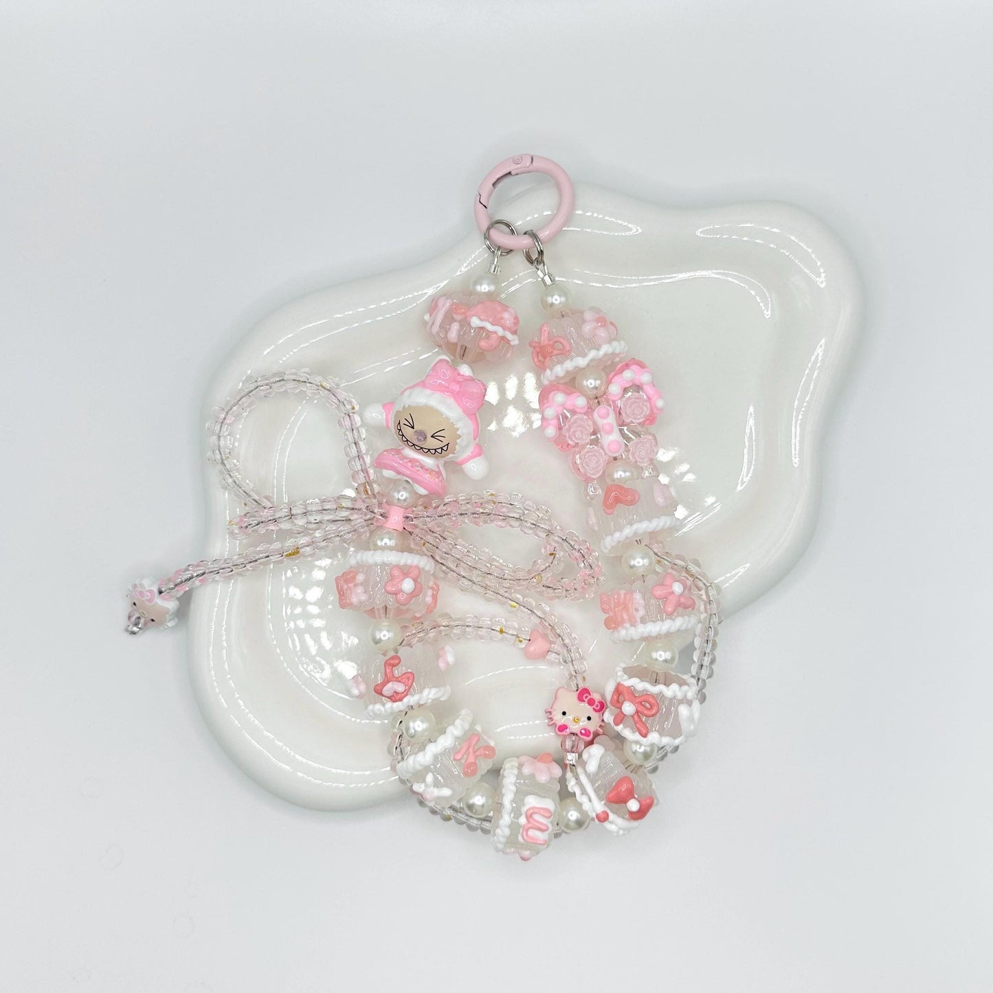 Pink and White Labubu Hand Painted Phone Strap | Bag Charm