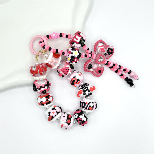 Pink and Black Theme Hand Painted Phone Strap | Purse Chain
