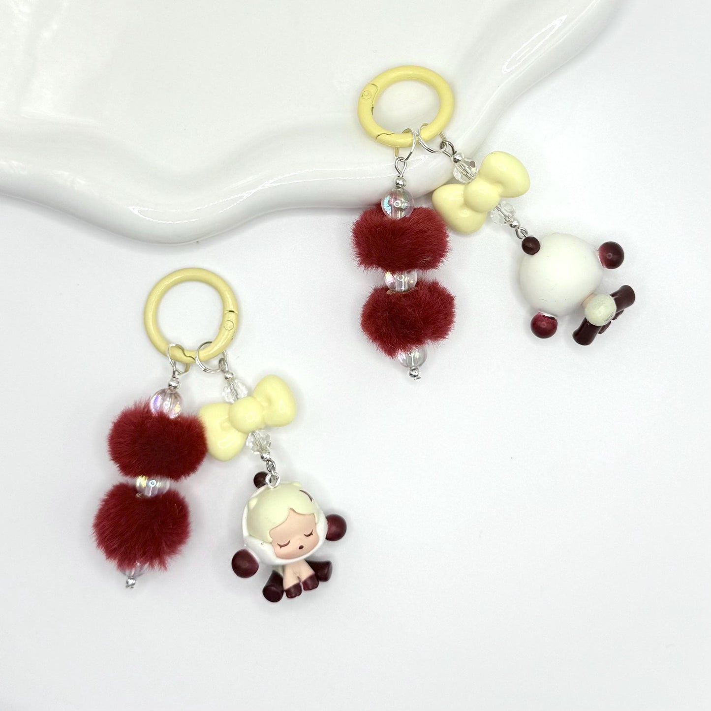 Skullpanda Pompom Mini Figure Double Strands Keychain | Phone Charm
